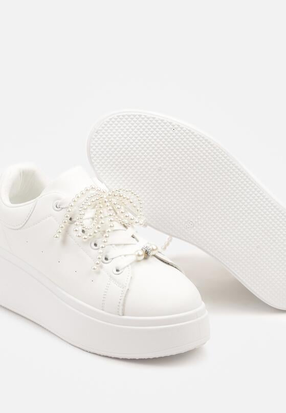 Białe Sneakersy na Grubej Podeszwie Ozdobione Perełkami na Sznurówkach Sellira 6