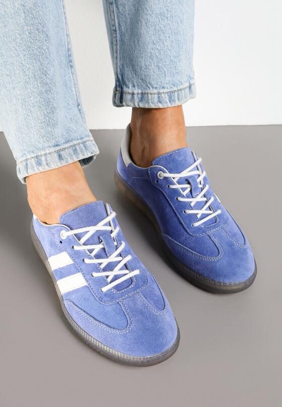 Niebieskie Skórzane Sneakersy na Płaskiej Podeszwie Ozdobione Paskami Nelavirae 3