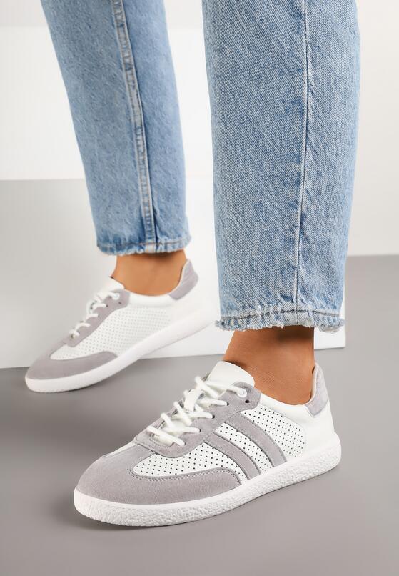 Szaro-Białe Płaskie Sneakersy ze Skóry Naturalnej Ozdobione Perforacją i Paskami Nelithor 1