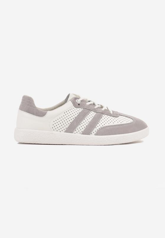 Szaro-Białe Płaskie Sneakersy ze Skóry Naturalnej Ozdobione Perforacją i Paskami Nelithor 4