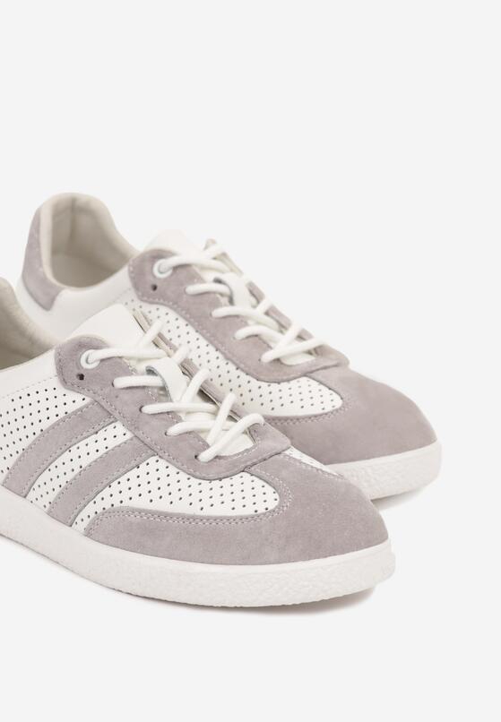 Szaro-Białe Płaskie Sneakersy ze Skóry Naturalnej Ozdobione Perforacją i Paskami Nelithor 6