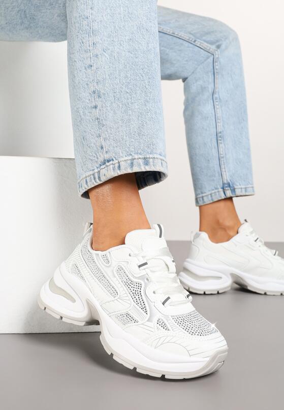 Białe Sneakersy Streetwearowe na Grubej Podeszwie Zdobione Brokatem Felanwea 2