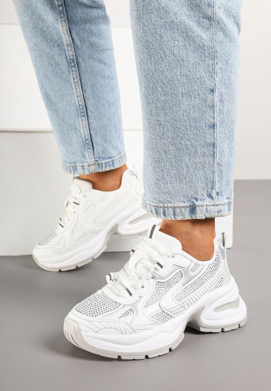 Białe Sneakersy Streetwearowe na Grubej Podeszwie Zdobione Brokatem Felanwea 1