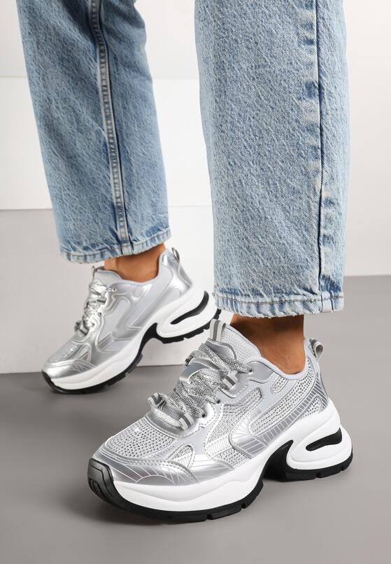 Srebrne Sneakersy Streetwearowe na Grubej Podeszwie Zdobione Brokatem Felanwea 1