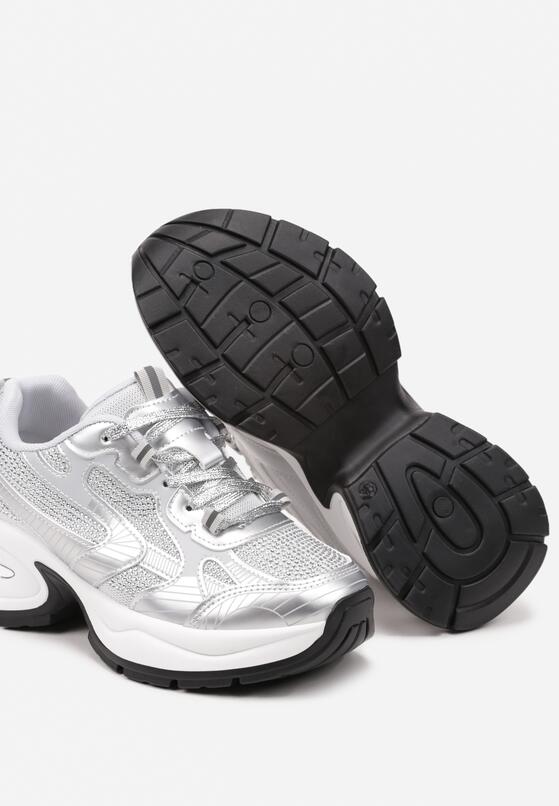 Srebrne Sneakersy Streetwearowe na Grubej Podeszwie Zdobione Brokatem Felanwea 6