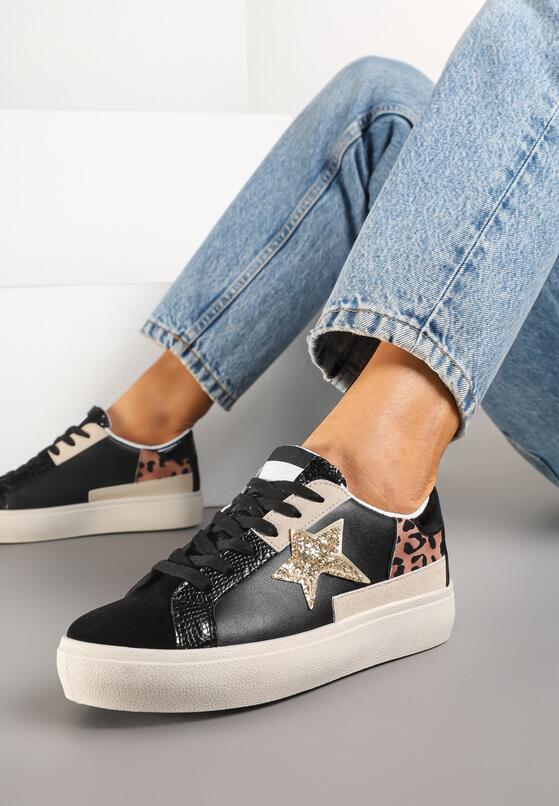 Czarne Sneakersy na Grubej Podeszwie Zdobione Brokatem Felthara 2