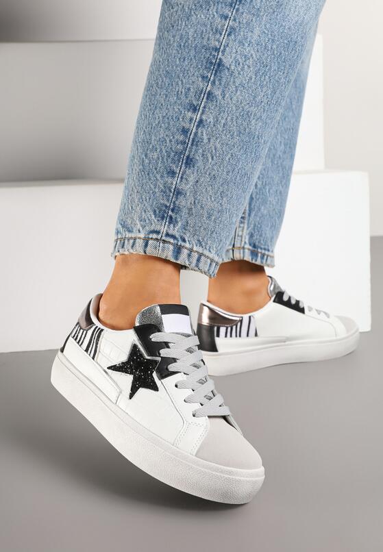 Biało-Szare Sneakersy na Grubej Podeszwie Zdobione Brokatem Felthara 3