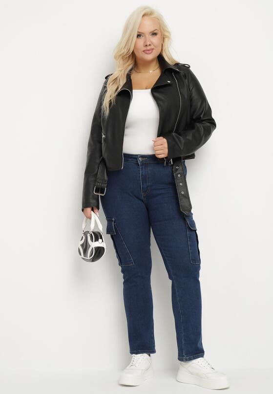 Granatowe Jeansy Cargo Regular Waist o Prostym Kroju Belvila 2