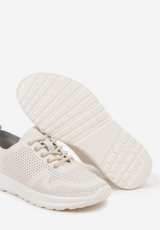 Beżowe Buty Sportowe ze Skóry Naturalnej ze Skórzaną Wkładką i Perforacją Selili 6