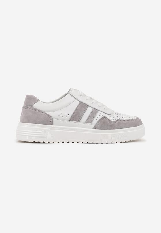 Biało-Szare Skórzane Sneakersy na Płaskiej Podeszwie z Perforacją i Ozdobione Paskami Terili 4