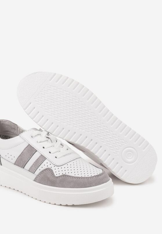 Biało-Szare Skórzane Sneakersy na Płaskiej Podeszwie z Perforacją i Ozdobione Paskami Terili 6