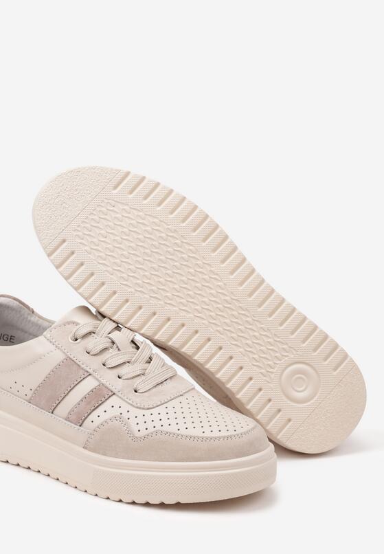 Beżowe Skórzane Sneakersy na Płaskiej Podeszwie z Perforacją i Ozdobione Paskami Terili 6