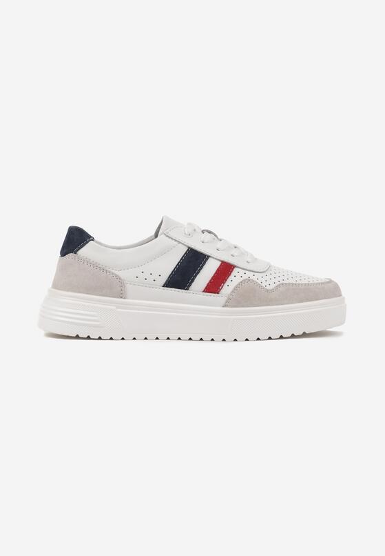 Biało-Granatowe Skórzane Sneakersy na Płaskiej Podeszwie z Perforacją i Ozdobione Paskami Terili 4