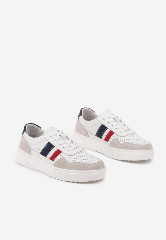 Biało-Granatowe Skórzane Sneakersy na Płaskiej Podeszwie z Perforacją i Ozdobione Paskami Terili 5