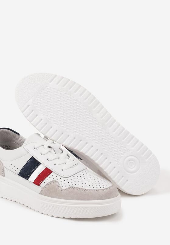 Biało-Granatowe Skórzane Sneakersy na Płaskiej Podeszwie z Perforacją i Ozdobione Paskami Terili 6