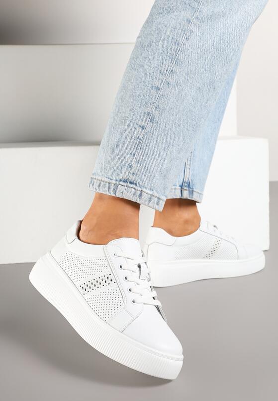 Białe Skórzane Sneakersy na Płaskiej Podeszwie ze Skórzaną Wkładką i Ażurową Cholewką Lorili 2