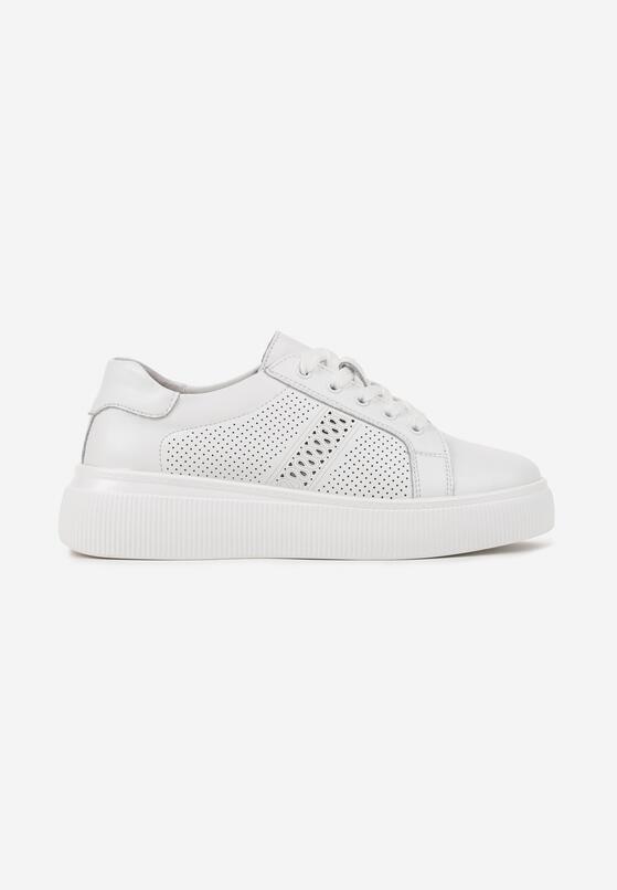 Białe Skórzane Sneakersy na Płaskiej Podeszwie ze Skórzaną Wkładką i Ażurową Cholewką Lorili 4