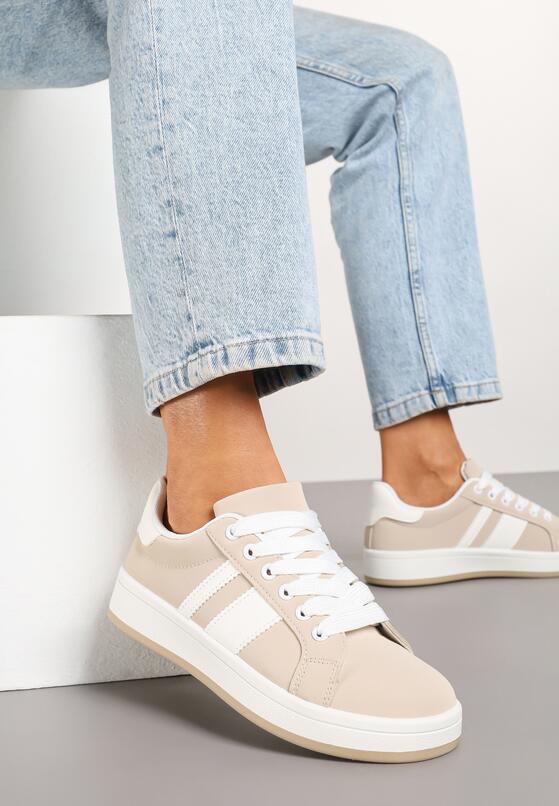 Beżowe Sneakersy na Płaskiej Podeszwie Ozdobione Paskami Ravesi 2