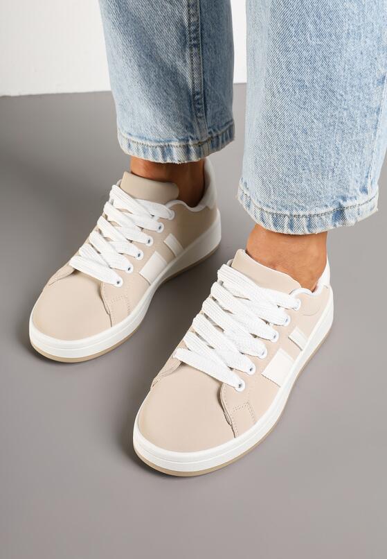 Beżowe Sneakersy na Płaskiej Podeszwie Ozdobione Paskami Ravesi 3