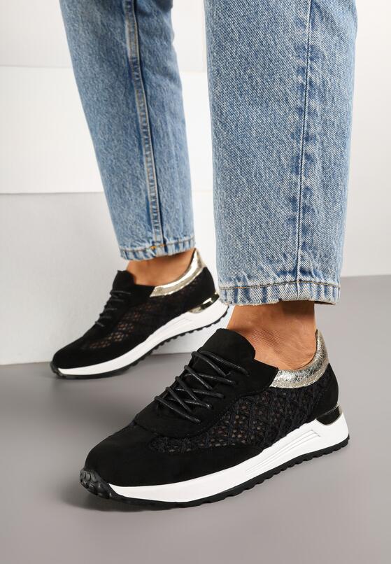 Czarne Sneakersy na Piankowej Podeszwie z Ażurową Cholewką Rineora 2