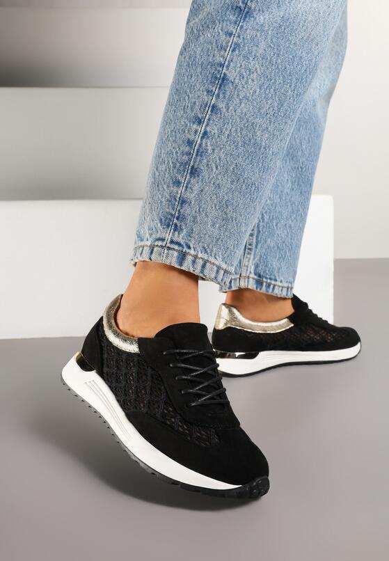 Czarne Sneakersy na Piankowej Podeszwie z Ażurową Cholewką Rineora 1