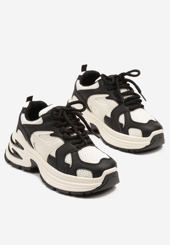 Czarno-Beżowe Sneakersy na Grubej Tłoczonej Podeszwie z Geometrycznym Motywem Soloria 5