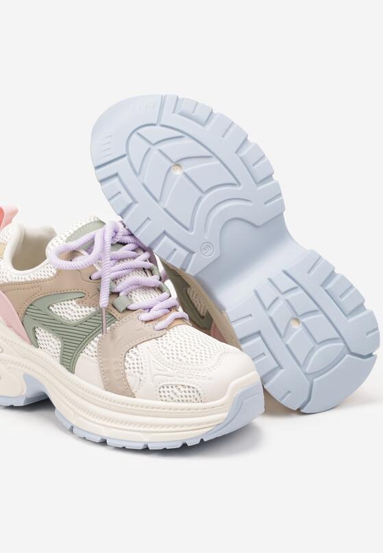 Jasnobeżowe Sneakersy na Grubej Tłoczonej Podeszwie z Geometrycznym Motywem Soloria 6