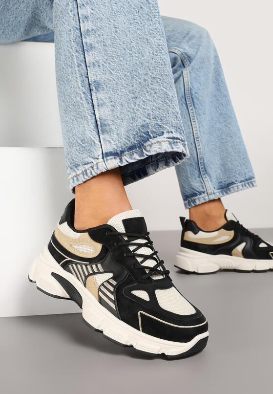 Czarno-Beżowe Sneakersy na Grubej Podeszwie z Tłoczeniami Fellira 1