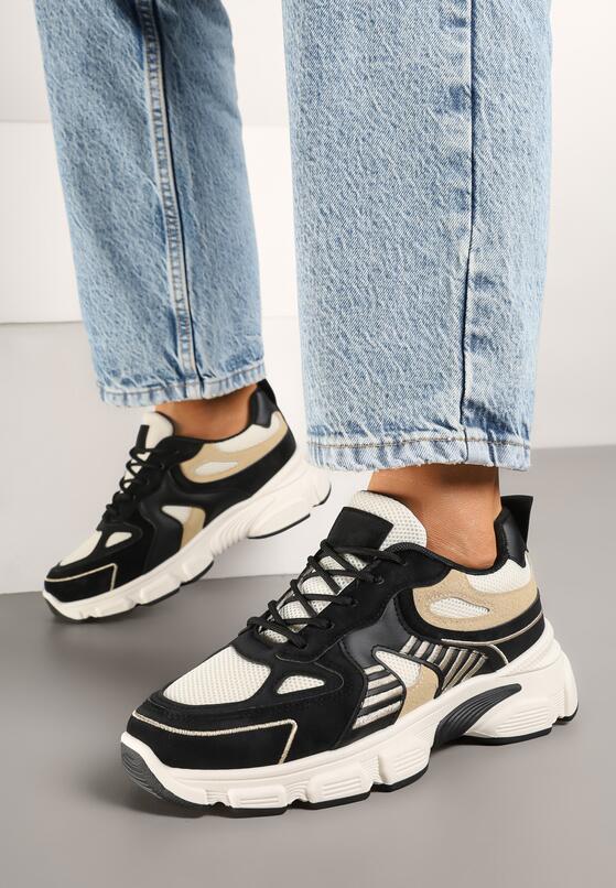 Czarno-Beżowe Sneakersy na Grubej Podeszwie z Tłoczeniami Fellira 3