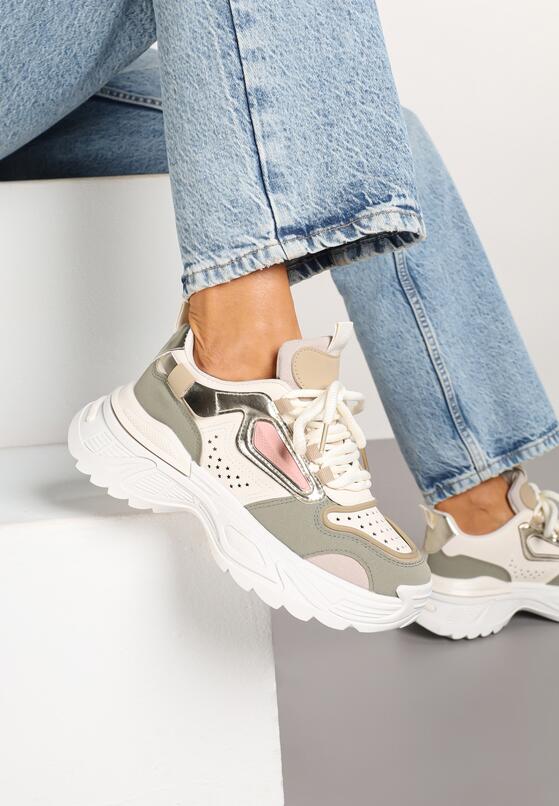 Beżowo-Zielone Sneakersy na Grubej Podeszwie z Tłoczeniami Lilasea 1