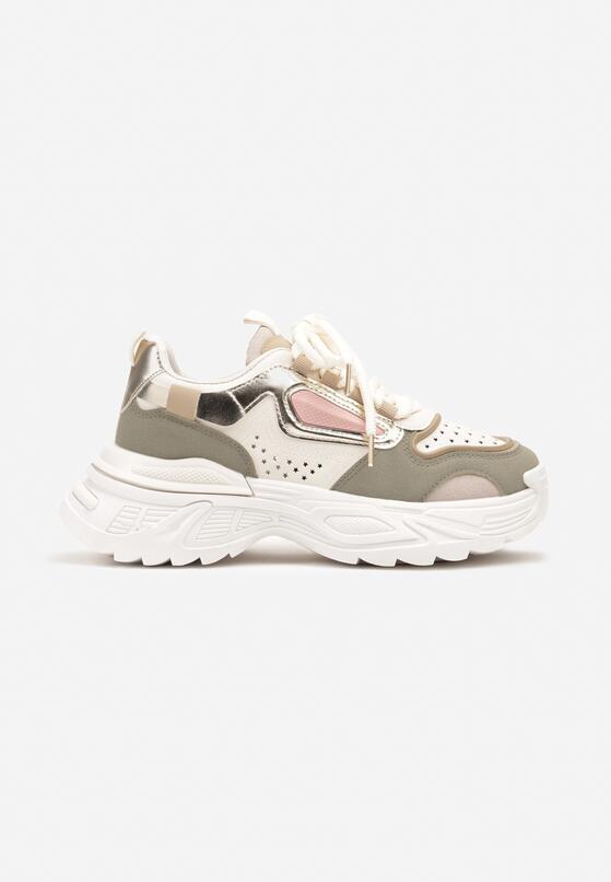 Beżowo-Zielone Sneakersy na Grubej Podeszwie z Tłoczeniami Lilasea 4