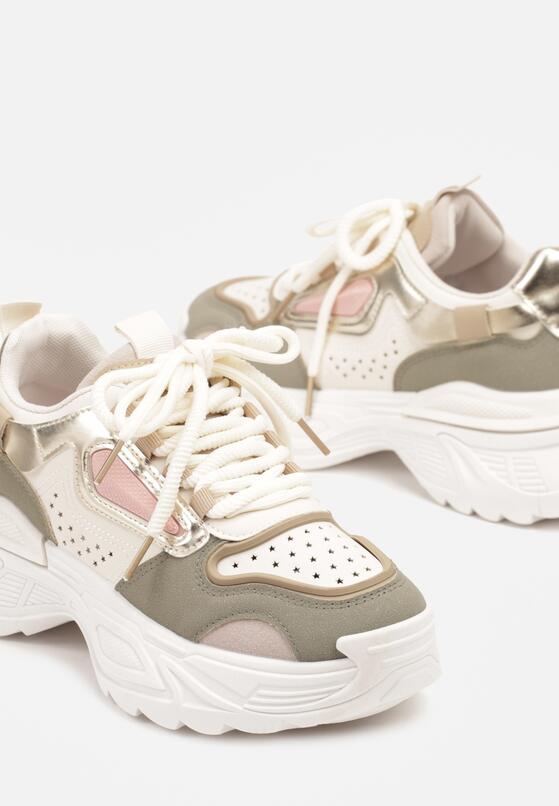 Beżowo-Zielone Sneakersy na Grubej Podeszwie z Tłoczeniami Lilasea 6