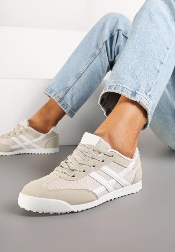 Beżowe Płaskie Sneakersy Ozdobione Paskami Almi 2