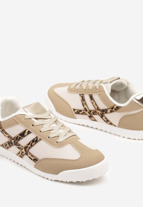 Ciemnobeżowe Płaskie Sneakersy Ozdobione Paskami w Panterkę Almi 6