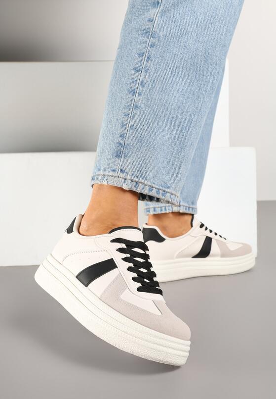 Beżowo-Czarne Sznurowane Sneakersy na Grubej Podeszwie z Geometrycznym Motywem Melmi 2