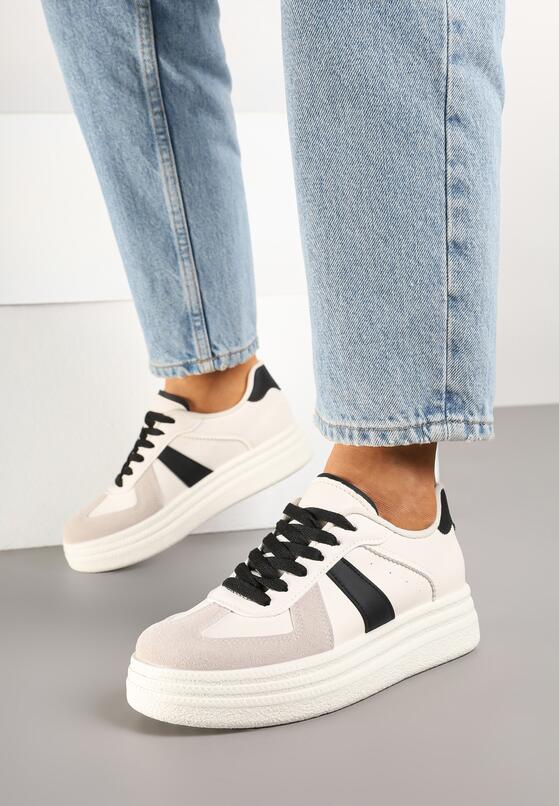 Beżowo-Czarne Sznurowane Sneakersy na Grubej Podeszwie z Geometrycznym Motywem Melmi 1