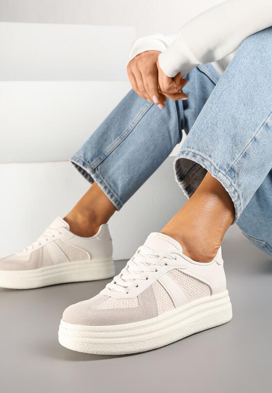 Beżowe Sznurowane Sneakersy na Grubej Podeszwie z Geometrycznym Motywem Melmi 2