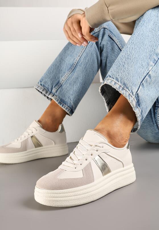 Beżowo-Złote Sznurowane Sneakersy na Grubej Podeszwie z Geometrycznym Motywem Melmi 2