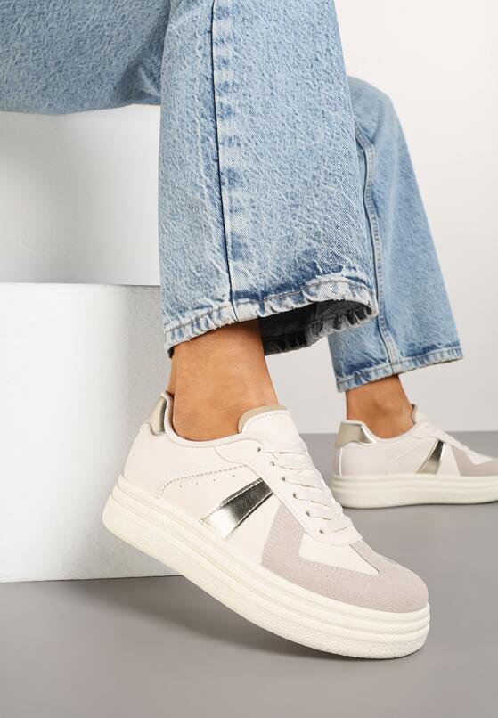 Beżowo-Złote Sznurowane Sneakersy na Grubej Podeszwie z Geometrycznym Motywem Melmi 1