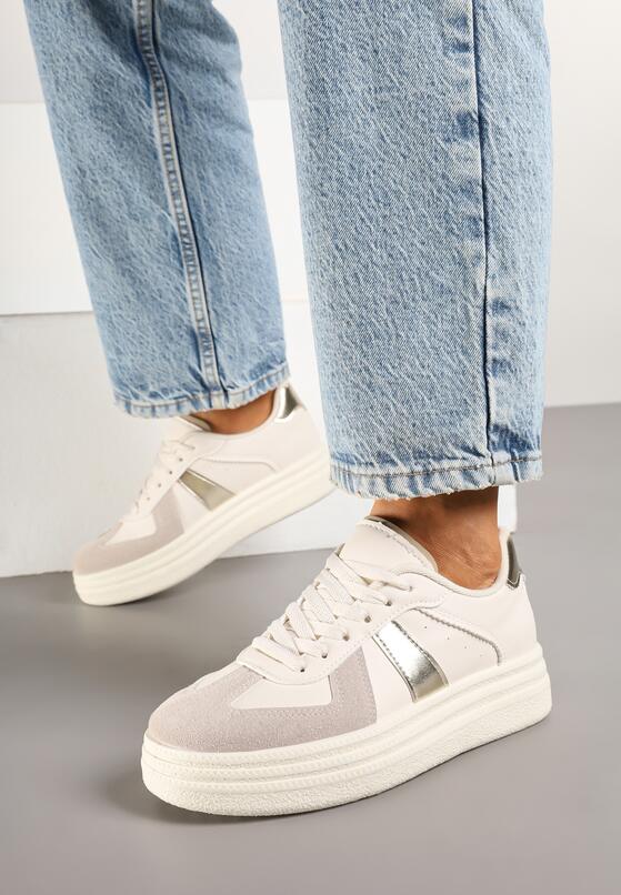 Beżowo-Złote Sznurowane Sneakersy na Grubej Podeszwie z Geometrycznym Motywem Melmi 3