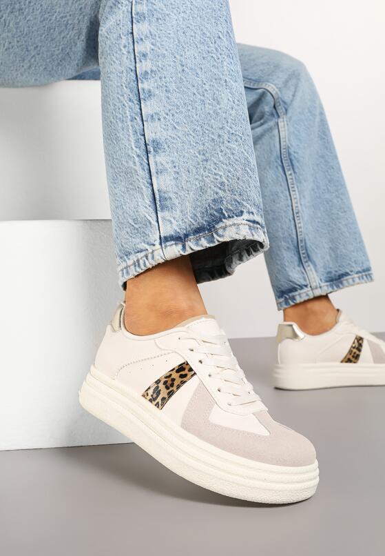 Beżowe Sznurowane Sneakersy na Grubej Podeszwie z Geometrycznym Motywem w Panterkę Melmi 2