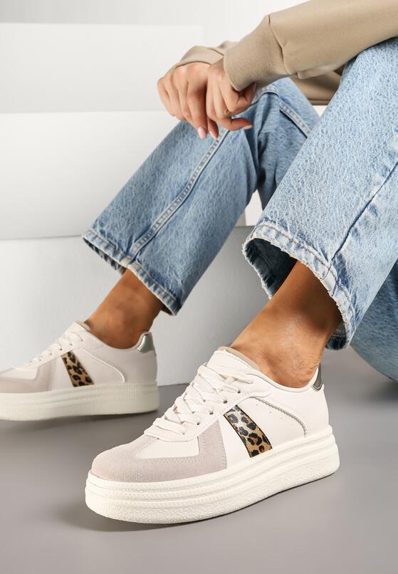 Beżowe Sznurowane Sneakersy na Grubej Podeszwie z Geometrycznym Motywem w Panterkę Melmi 1