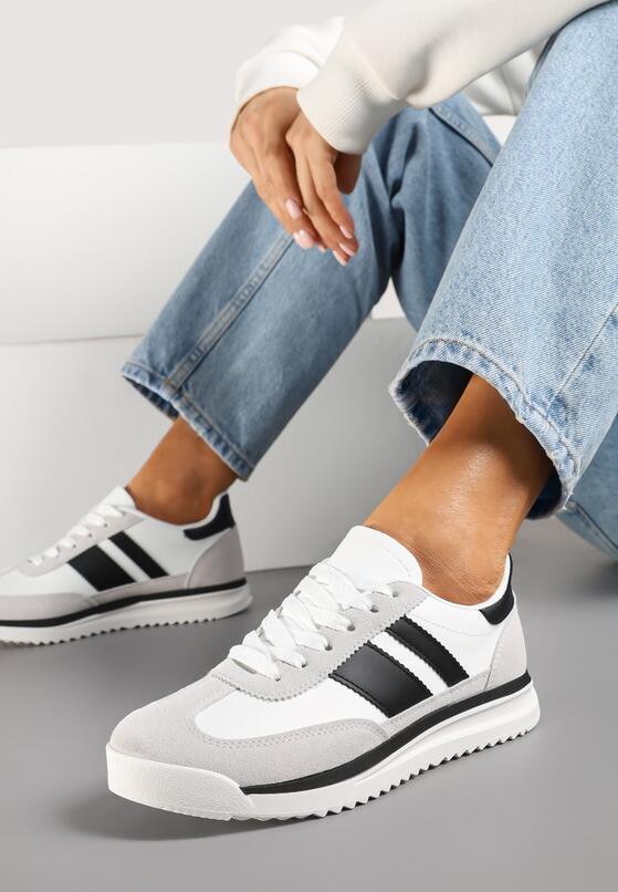 Biało-Czarne Sneakersy Tenisówki z Ozdobnymi Paskami Flormi 2