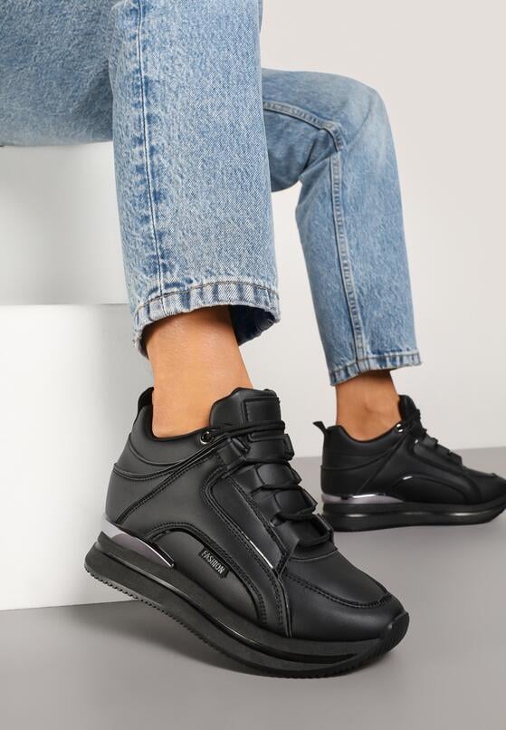 Czarne Sneakersy na Ukrytym Koturnie z Metalicznymi Wstawkami Lilesi 2