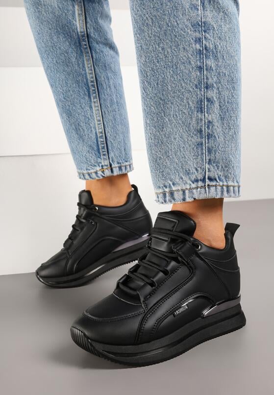 Czarne Sneakersy na Ukrytym Koturnie z Metalicznymi Wstawkami Lilesi 1