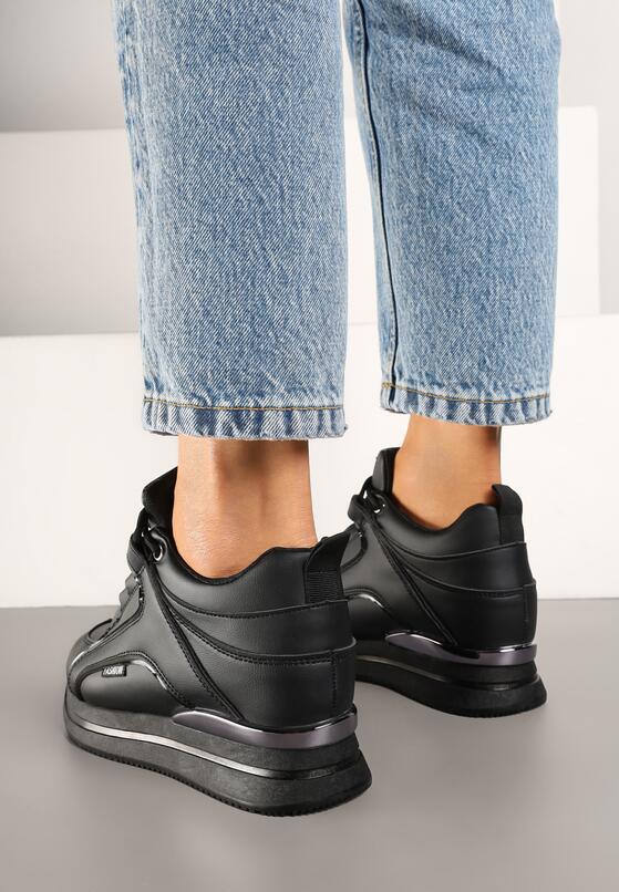 Czarne Sneakersy na Ukrytym Koturnie z Metalicznymi Wstawkami Lilesi 3