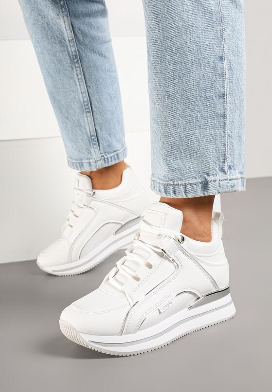 Białe Sneakersy na Ukrytym Koturnie z Metalicznymi Wstawkami Lilesi 2