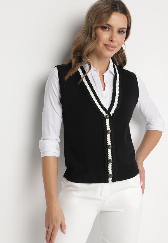 Czarna Sweterkowa Kamizelka z Wiskozą w Stylu Retro na Guziki Nalariae 1