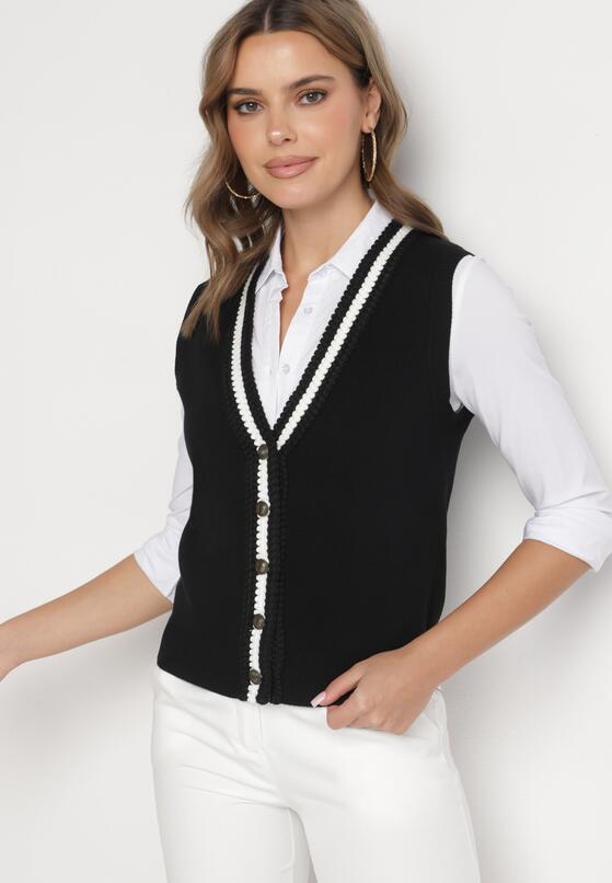 Czarna Sweterkowa Kamizelka z Wiskozą w Stylu Retro na Guziki Nalariae 4