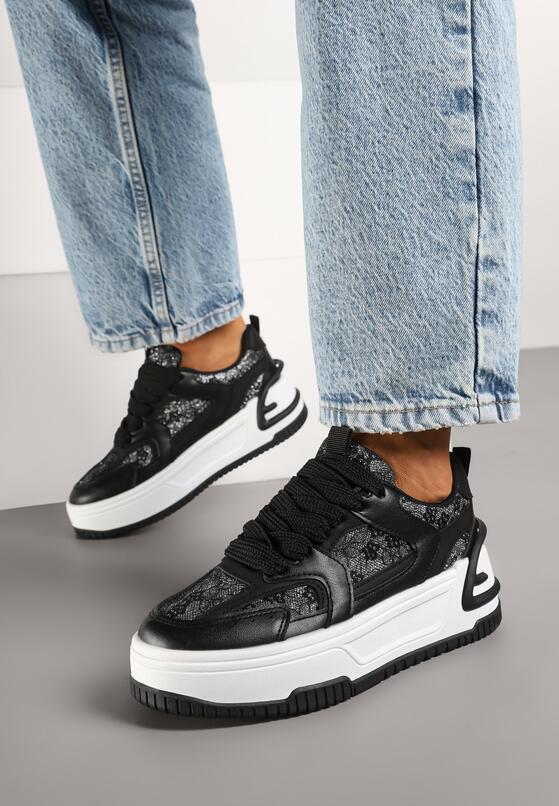 Czarne Sneakersy na Grubej Podeszwie Zdobione Brokatem Deorianis 2